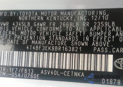 2011 Toyota Camry Le z USA, uszkodzony, nr VIN 4T4BF3EK8BR163821